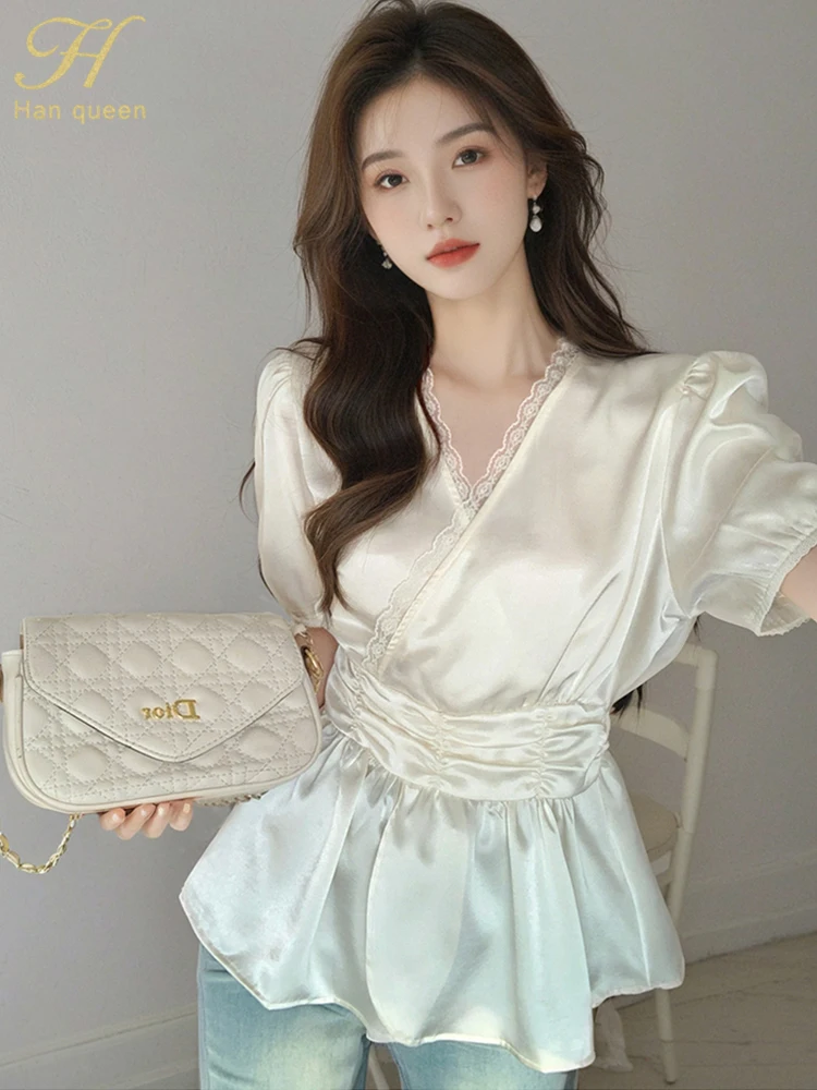 

H Han Queen Summer Tops Short Sleeve Simple Chiffon V-Neck Shirt Casual Loose Blouses Women's Korean Reviews Many Clothes Girls