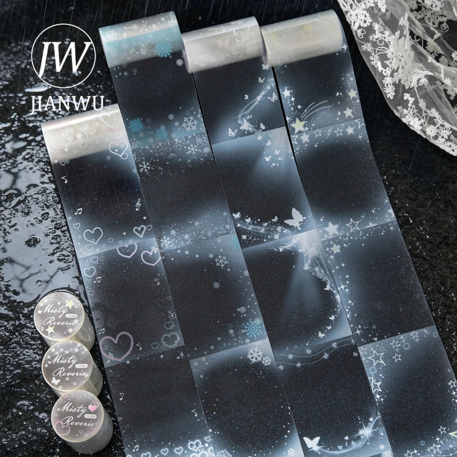 JIANWU Misty Reverie Series Vintage Star Snowflake Butterfly Landscape Material Collage PET Tape Creative DIY Journal Stationery