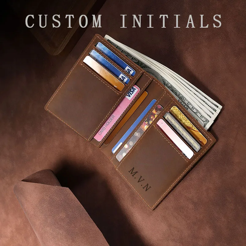 Free Custom First Letter Retro Crazy Horse Leather Wallet Ultra-thin Leather Coin Wallet Fashionable Men's Short Money Set 2025