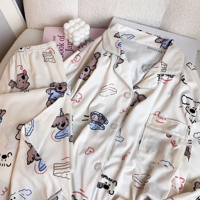 Korean Cartoon Cute Happy Puppy Print Women\'s Pajamas Ins Kawaii Sweet Chic Sleepwear 2024 New Autumn Winter Milk Silk Nightwear