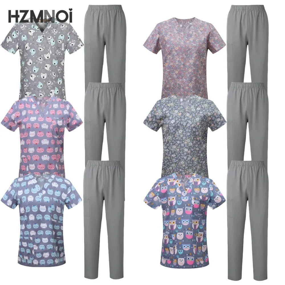 

Surgical Uniforms Woman Printing Blouse Pockets Pants Medical Scrub Set Beauty Salon Workwear Clinical Scrubs Top+Pants Spa Suit