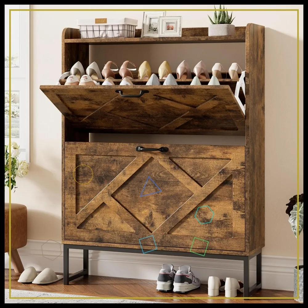 

Slim Shoe Cabinet with Flip Drawers, Freestanding Storage for Entryway, Hallway, Rustic Brown Organizer