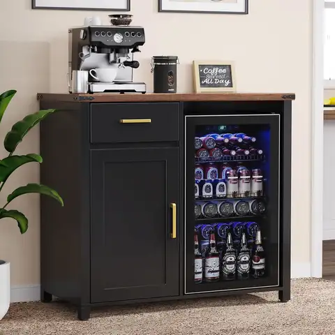 Coffee Bar with Mini Fridge, Cabinet Stand for Dorm, Kitchen, or Office, 39.4' W X 20.9' D
