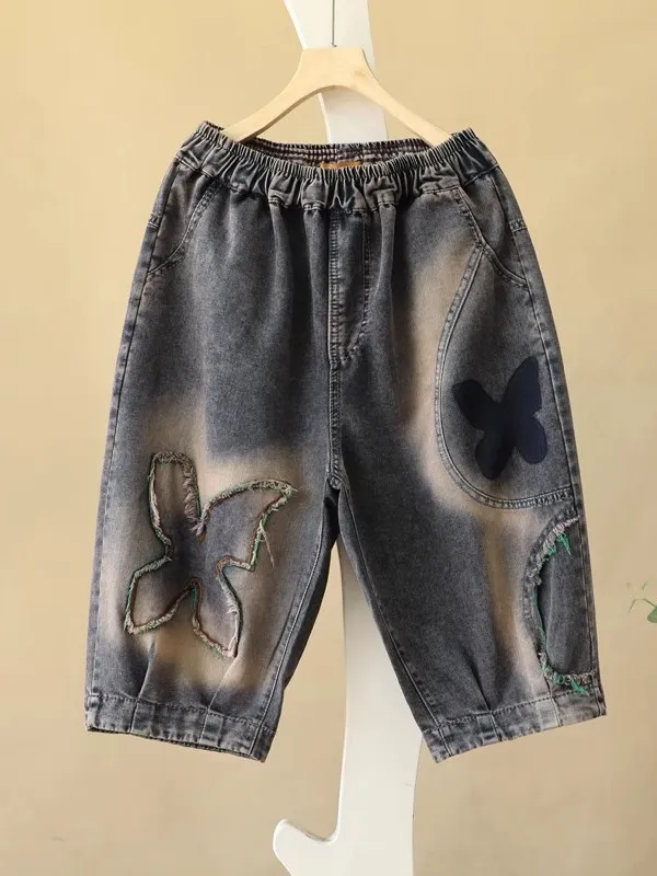 

Summer Thin Vintage Four Le Patchwork Frayed Denim Sixteen Pants Loose Splicing Five orts High Waist Deep Color