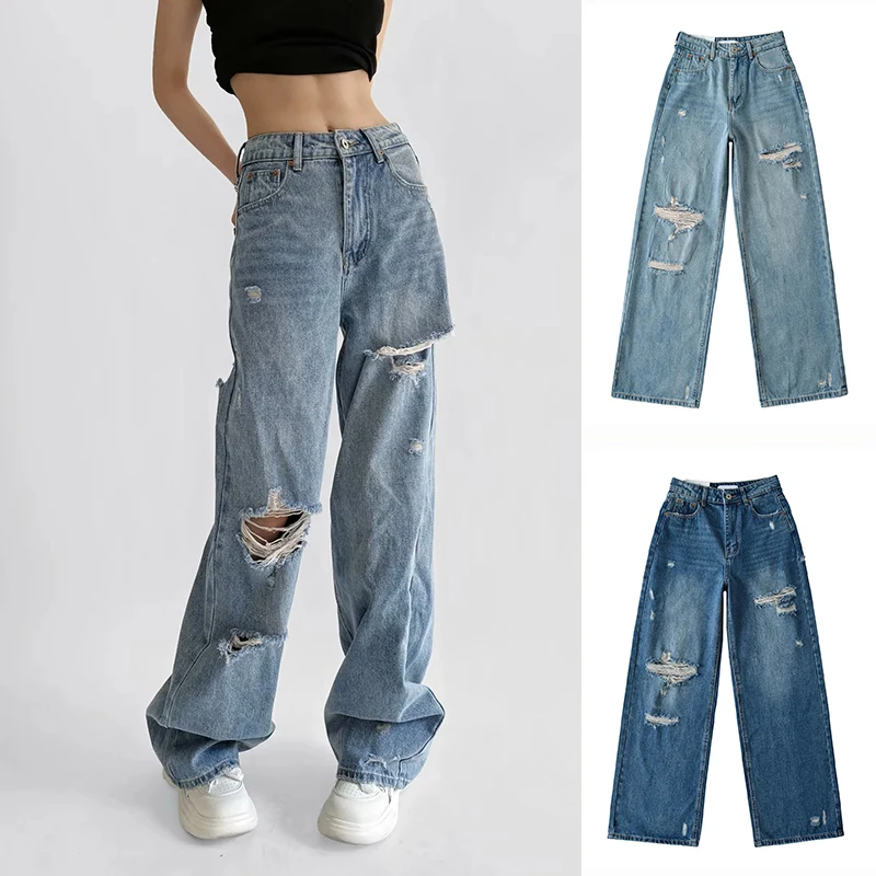 

Весенне-летние новые женские повседневные джинсы с высокой талией и широкими штанинами длиной до пола, свободные джинсовые брюки на молнии