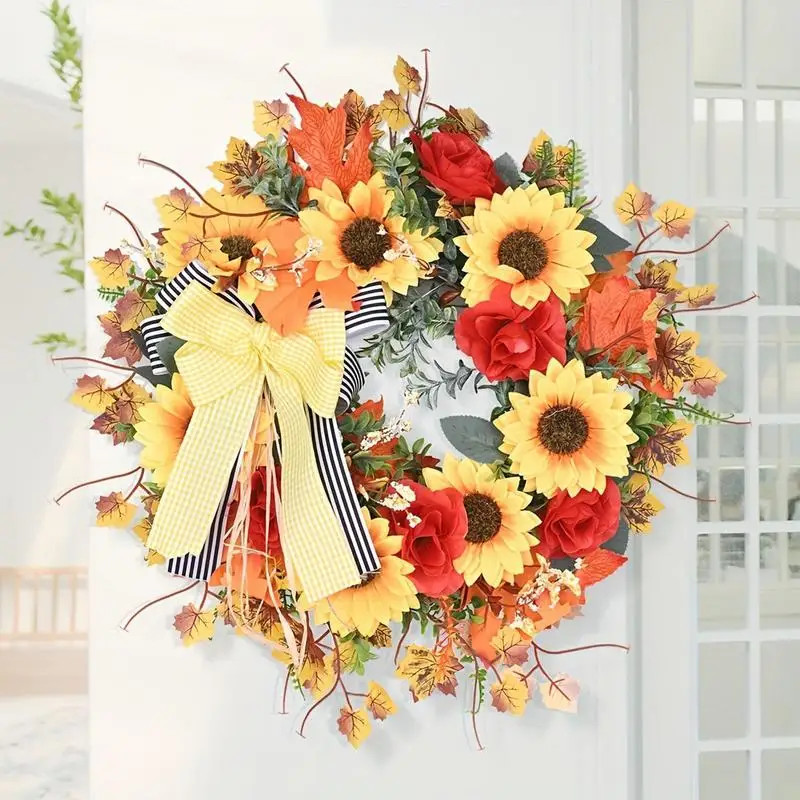 17 Inches Sunflower Door Wreath Thanksgiving Sunflower Wreath with Bowtie Autumn Wreath Sunflower Decor for Front Door Outside