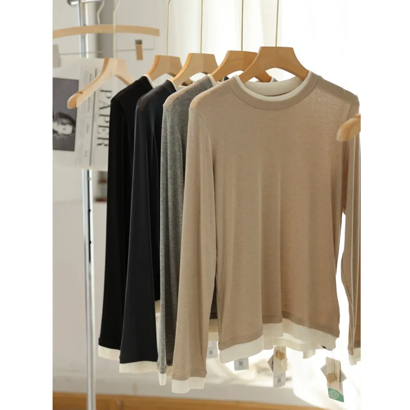 Acetate Wool Fake Two-piece T-shirt Autumn Winter Women Round Neck Long Sleeve Layered Knitted Undershirt