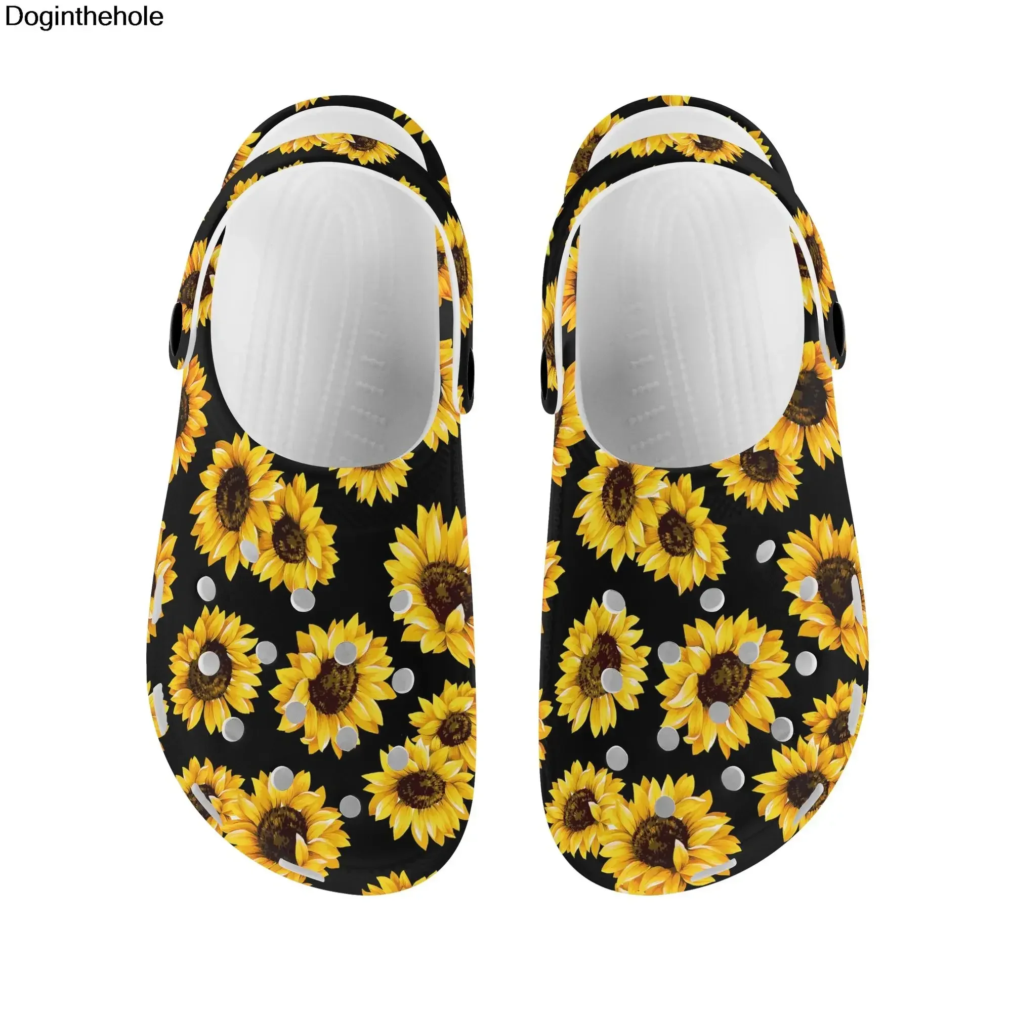 Zapatos con agujeros para mujer, sandalias informales con estampado de girasol, antideslizantes, ligeros, transpirables, para la playa y el hogar