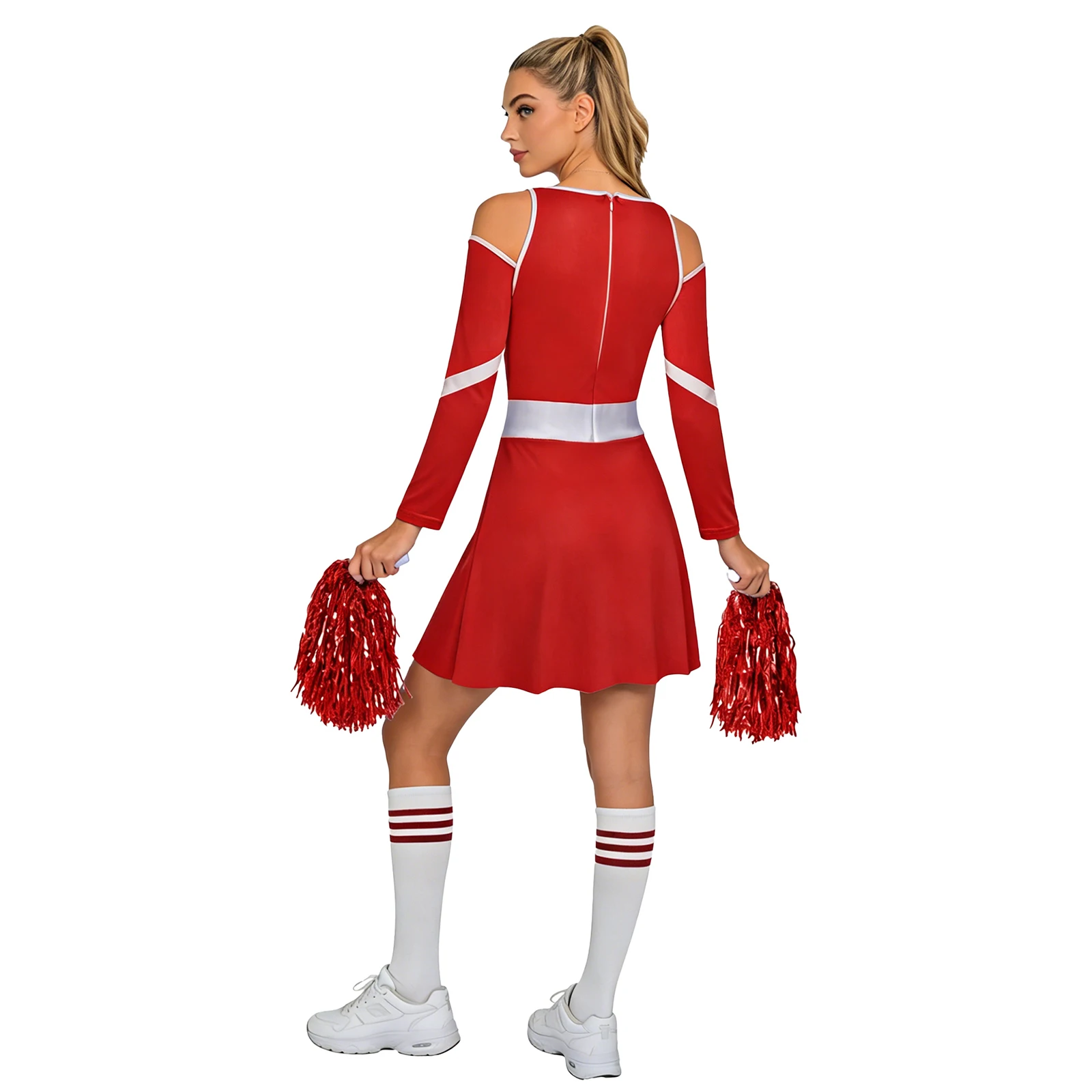 Womens Cheerleader Performance Costume Cheer Letter Print Dress with Stockings Bow Headband And Pom-poms Cheerleading Uniform