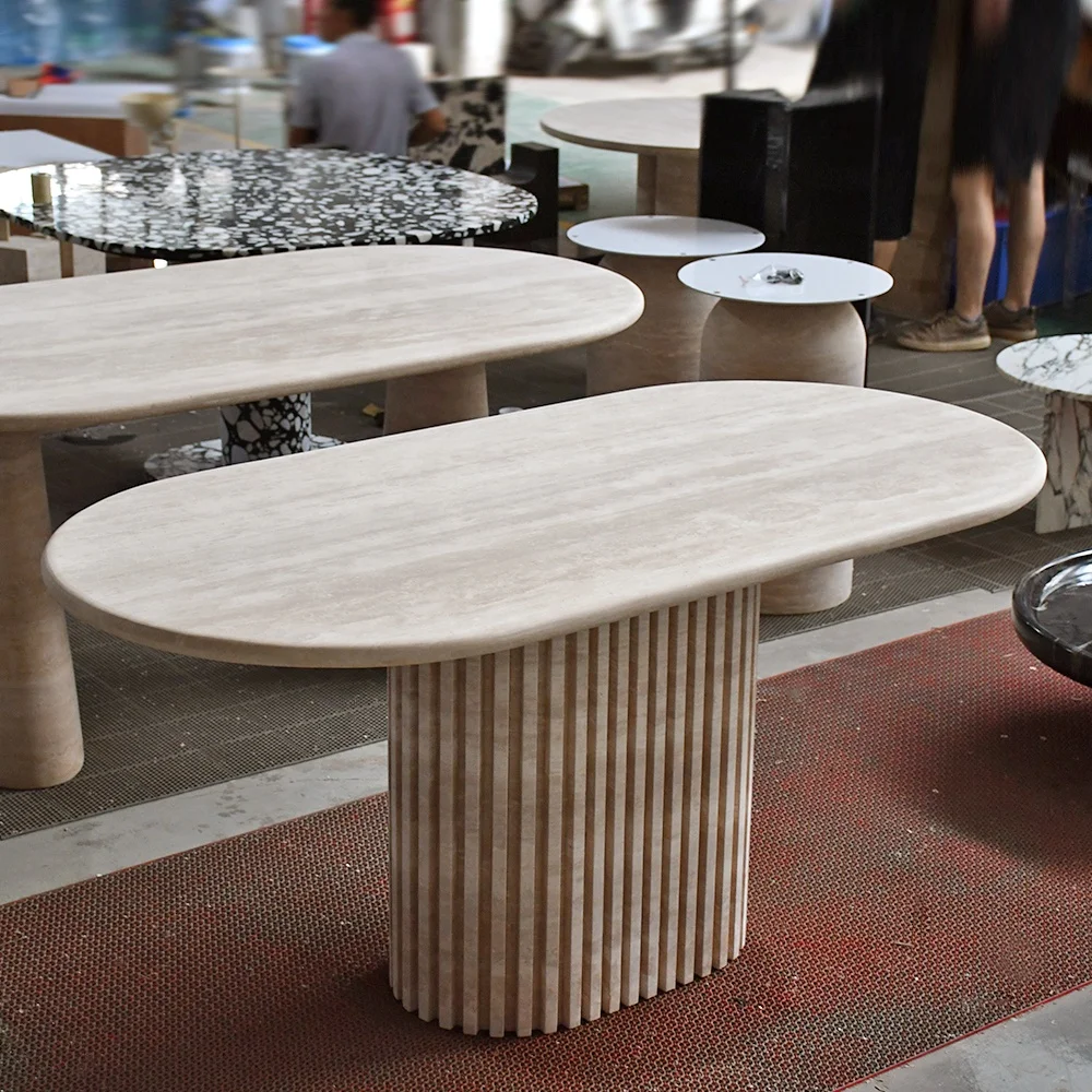 #Italian Nordic Style White Travertine Dining Table Modern Home & Hotel Furniture 6 Seater Oval Shape Workshop Wholesale OEM ODM
