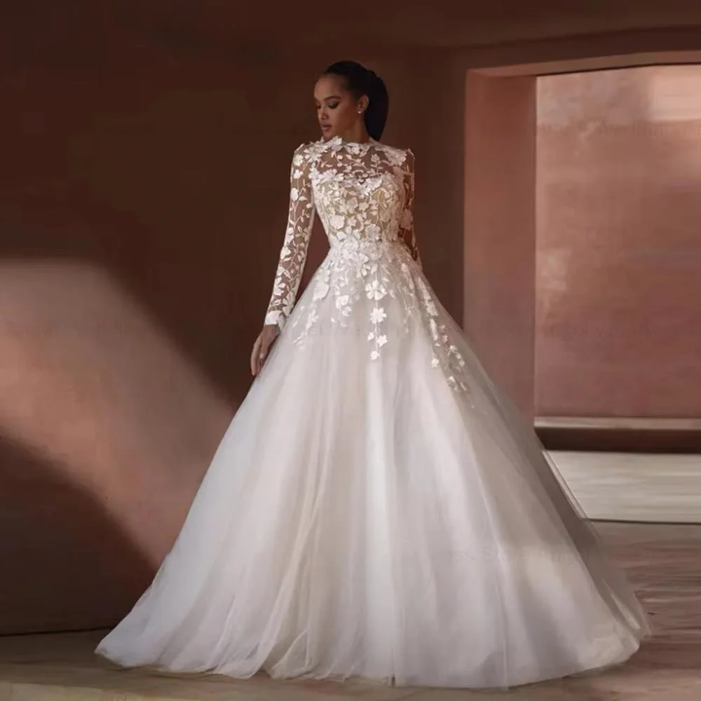 

Enternity Fashionable A-line Wedding Gown For Bride Full Sleeves Court Train O-neck Lace Appliques Vestido De Novia Customized