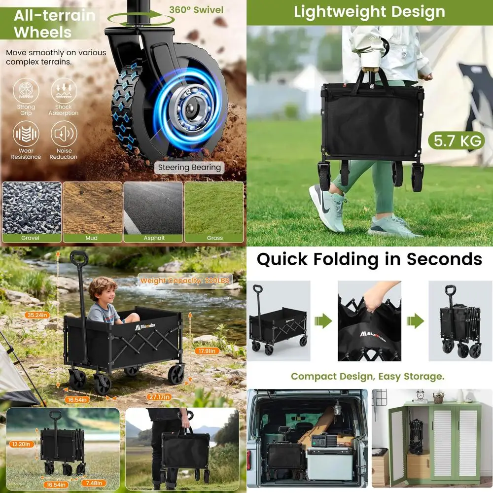 

Folding Utility Wagon, 220 lbs Capacity, Lightweight with Adjustable Handle, Portable for Shopping, Gardening, and Camping