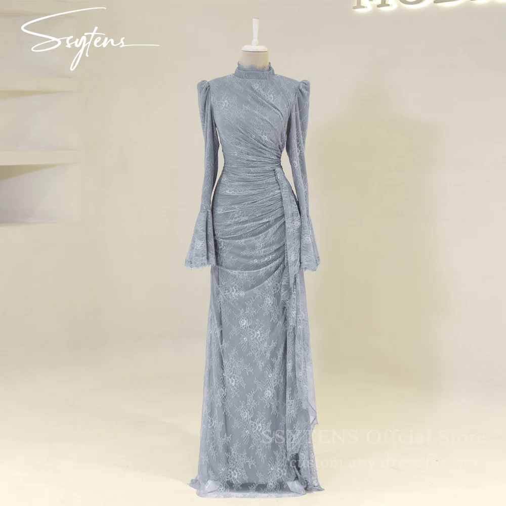 SSYTENS ชุดราตรี Mermaid เจียมเนื้อเจียมตัวคอสูงที่กําหนดเองแขนยาวชุดลูกไม้ดูไบพรหม Gowns Robe De Soiree