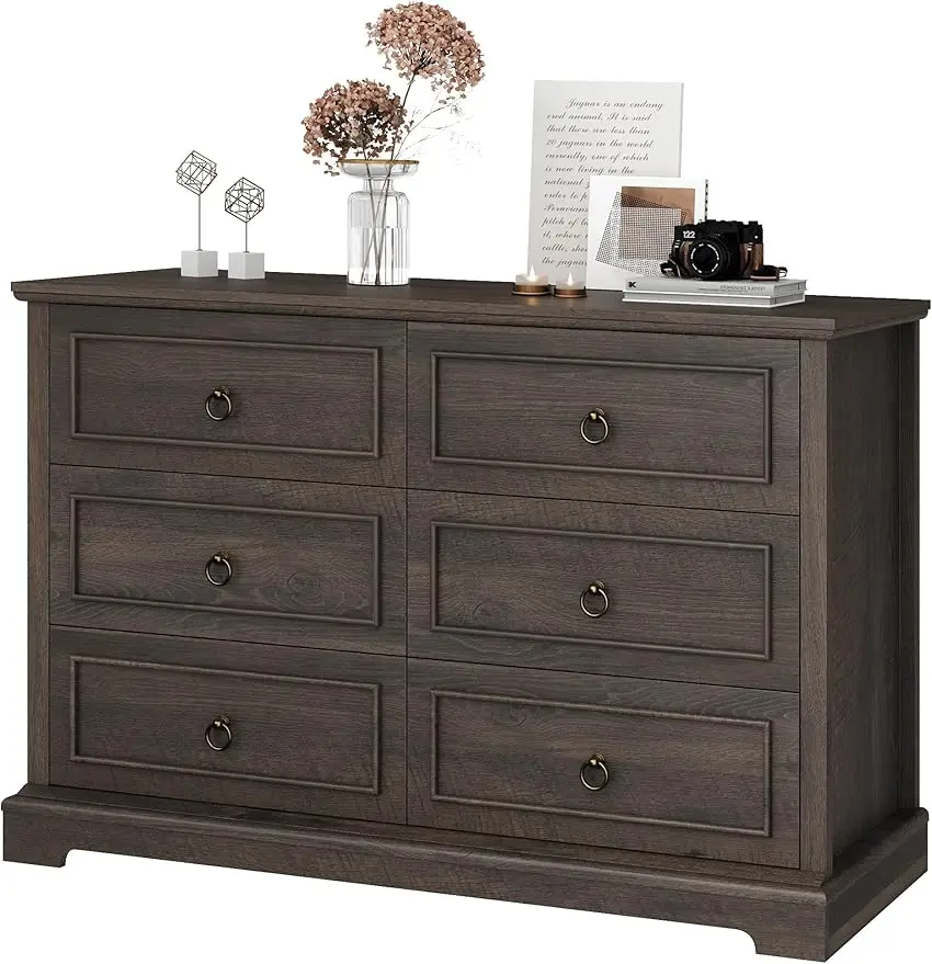 

6 Drawer Double Dresser, Modern Farmhouse Chest of Drawers, Wide Dressers Organizer, Accent Wood Storage Cabinet