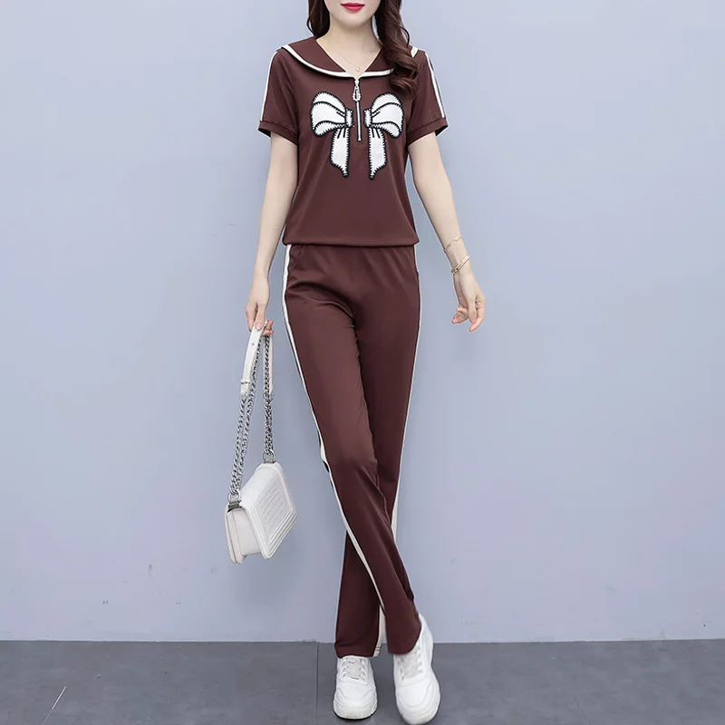 Summer Plus Size Cotton Two Piece Set For Women Short Sleeve Fashion Bow Printed Tops And Pants Black Brown Casual Suits Clothes