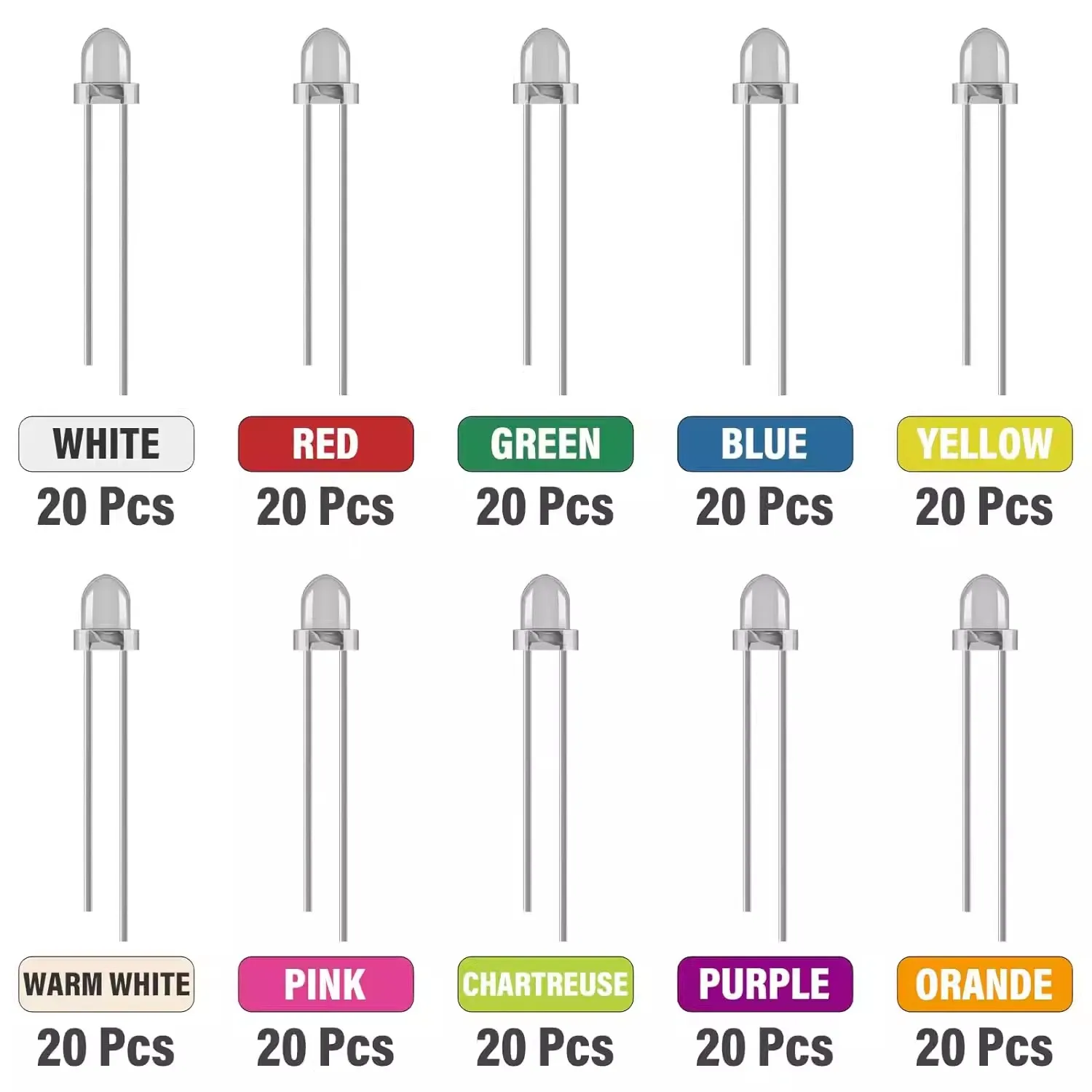 200PCS 3MM LED Emitting Diodes Assorted Colors Warm White to Purple Pink including Red Orange Yellow Green Blue - 10 Pack