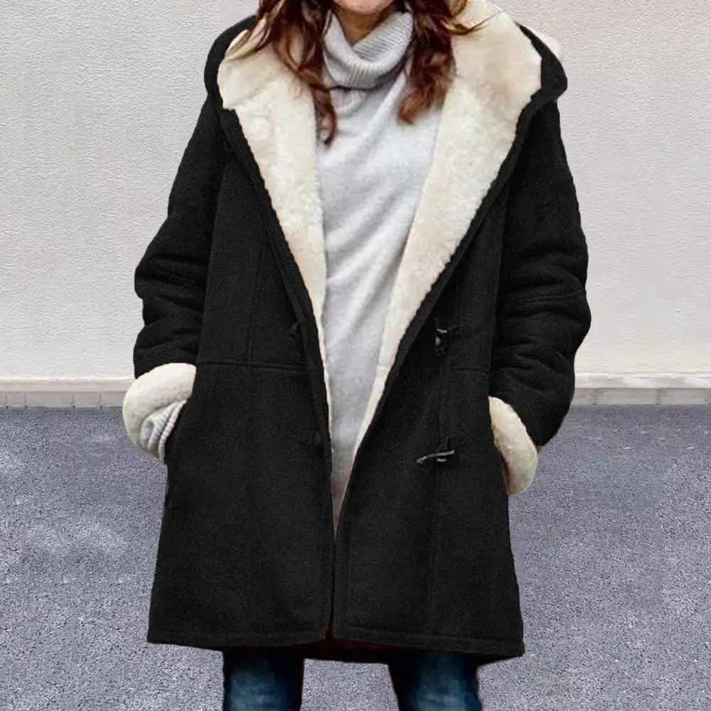 

Hooded Jacket Women's Hooded Winter Coat With Fleece Lining Mid-length Overcoat With Small Horn Buttons Warm Thermal For Weather