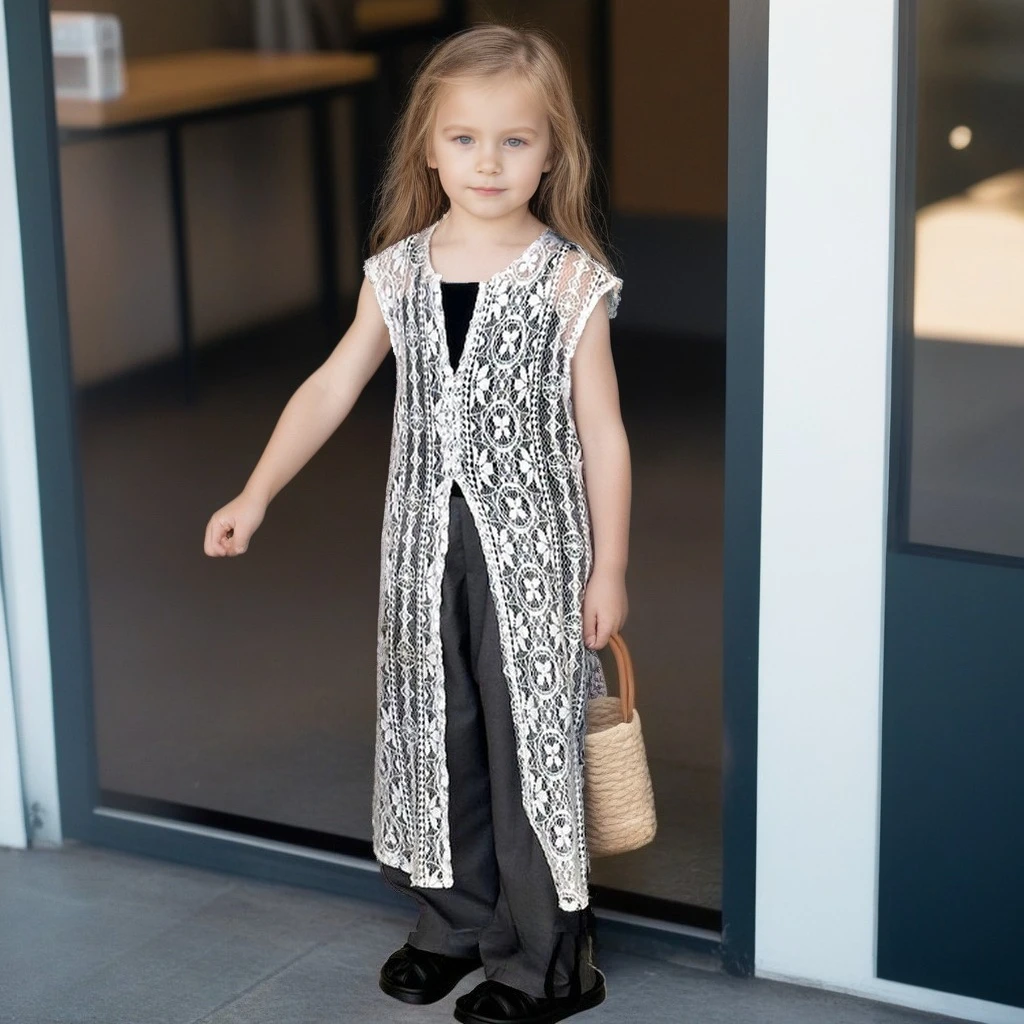 Girls Sleeveless Hollow Crochet Lace Long Open Front Cardigan Kids Loose Casual Daily Summer Beach Cover Up Layering Outerwear
