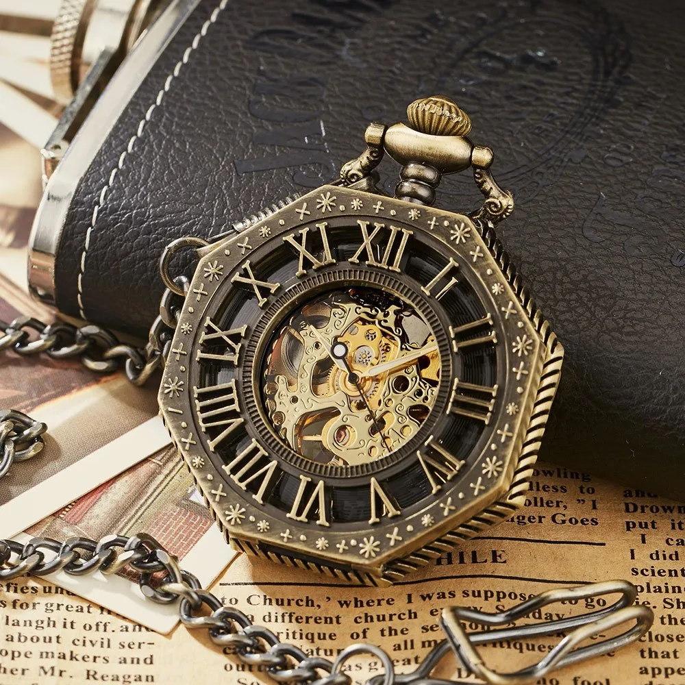 Ramadan Classic Hexagonal Mechanical Pocket Watch FOB Chain Steampunk Roman Dial Skeleton Gold Hollow Steel Men's Pocket Watch