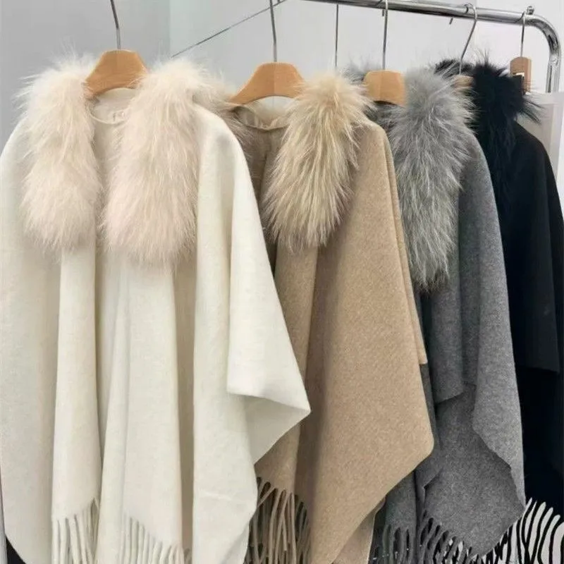 

Autumn and winter Poncho new imitation raccoon fur slimming shawl cape fashionable temperament coat tassel women Cloak