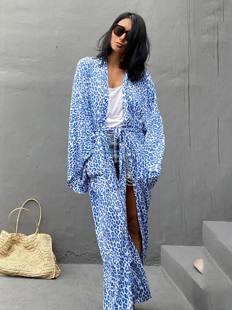 Bohemian Beach ชุดว่ายน้ำ Kimono Blue Leopard พิมพ์ Pareo Beach Tunics ผู้หญิง Beachwear 2023ฤดูร้อนบิกินี่