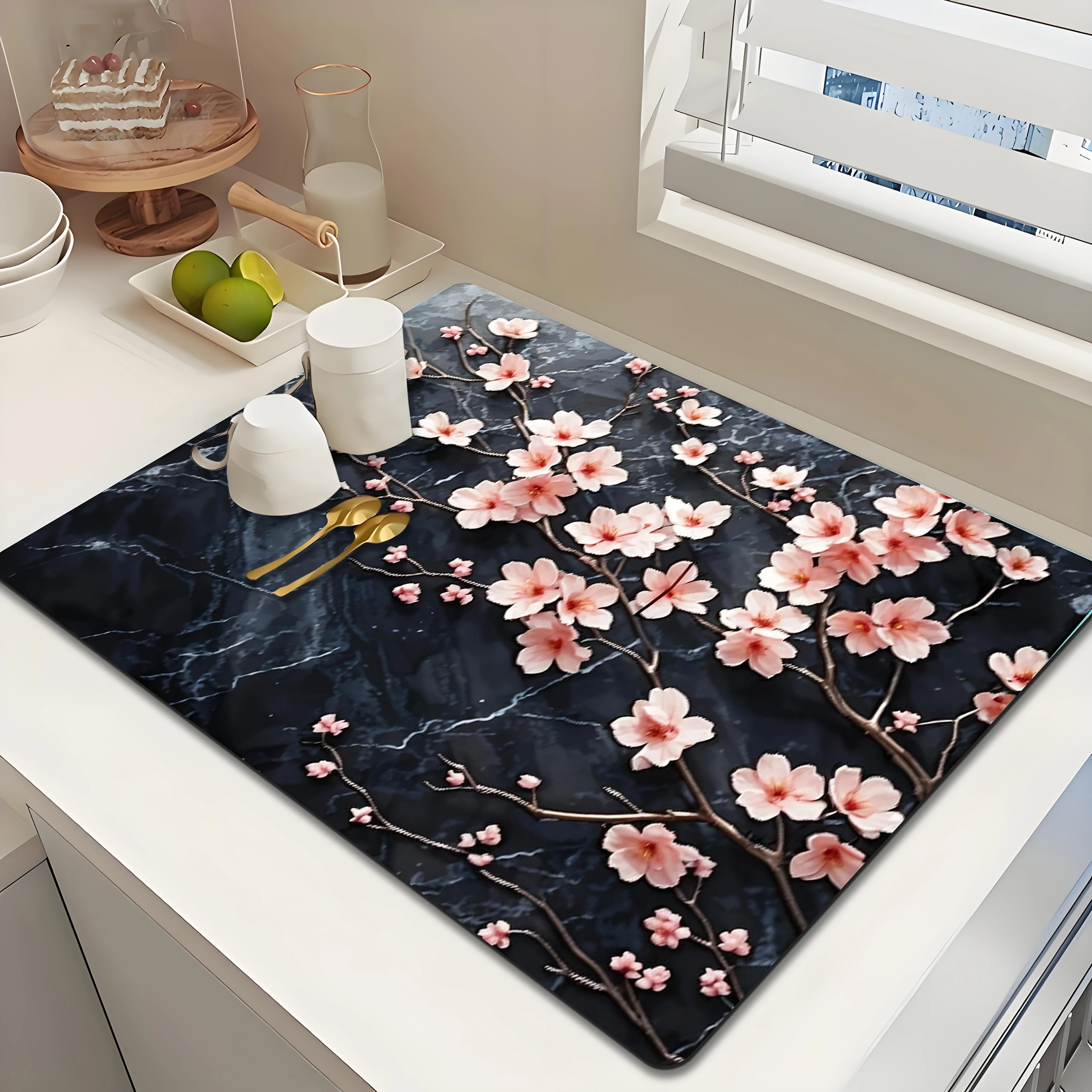 Cherry Blossom Marble Kitchen Counter Pad Placemat Pad Dustproof Heat Resistant Absorbing Countertop Protection Non Slip Mat