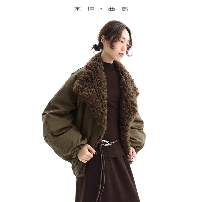 Col en laine ~ Veste en duvet d'oie de style barn, parka à revers, manteau court pour femmes de petite taille, vêtements d'hiver