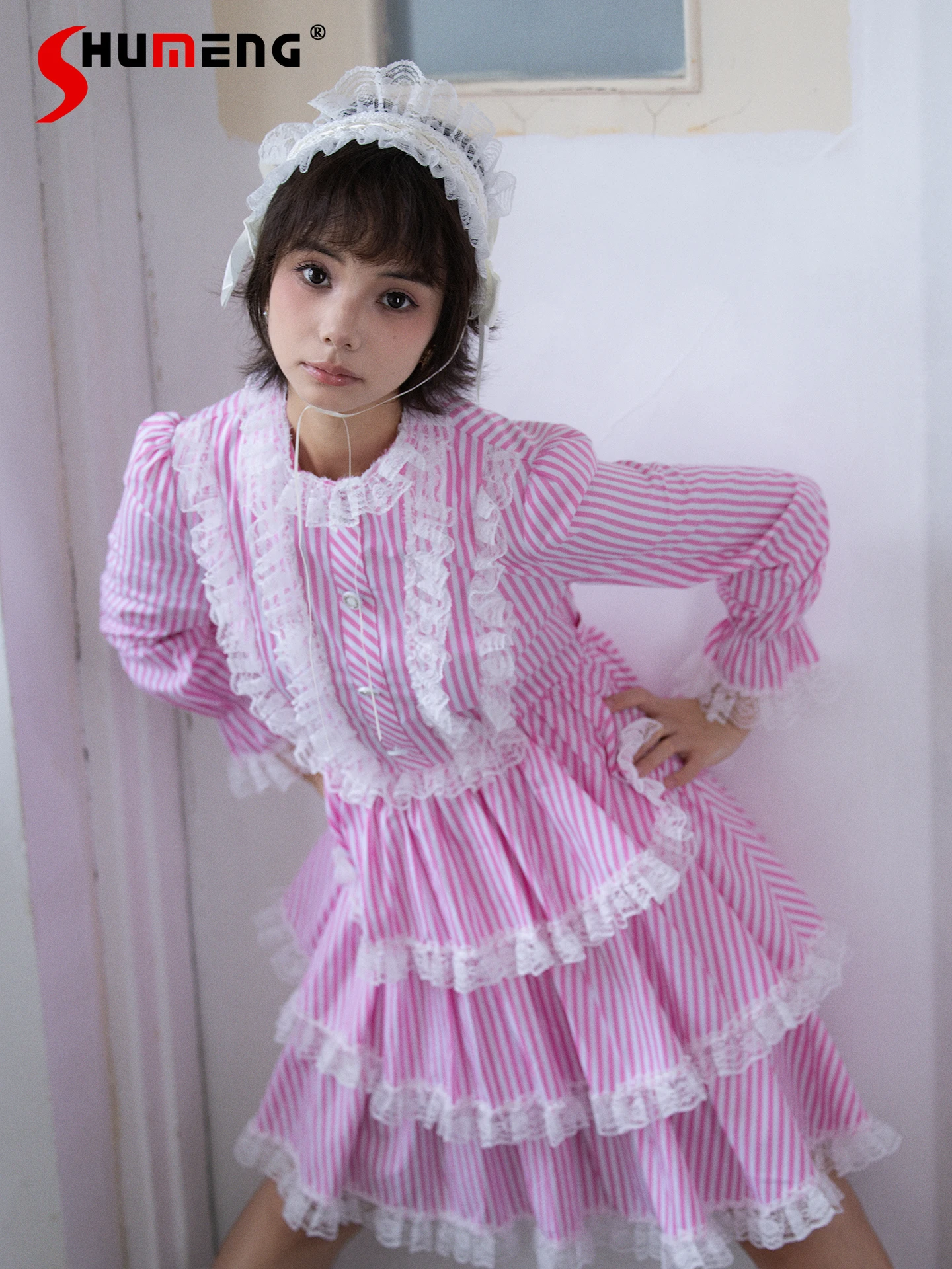 

Japanese Cute Girls Pink Striped Long Sleeve Dress Spring Autumn 2025 Women's High Waist Slim Elegant Birthday Dress Daily Dress