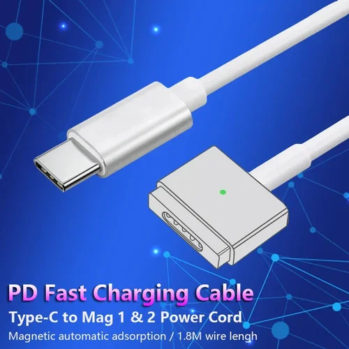 Imagen 1 del producto Cable de carga rápida tipo C (USB-C) a Magsafe1 y 2 cabezales magnéticos L/T para portátiles MacBook Air/Pro, conectores usb