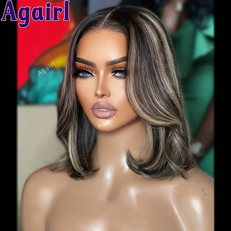 Perruque Bob Lace Front Wig Body Wave Naturelle, Cheveux Courts, Transparent, Blond à Reflets, 13x4, Densité 180%, pour Femme