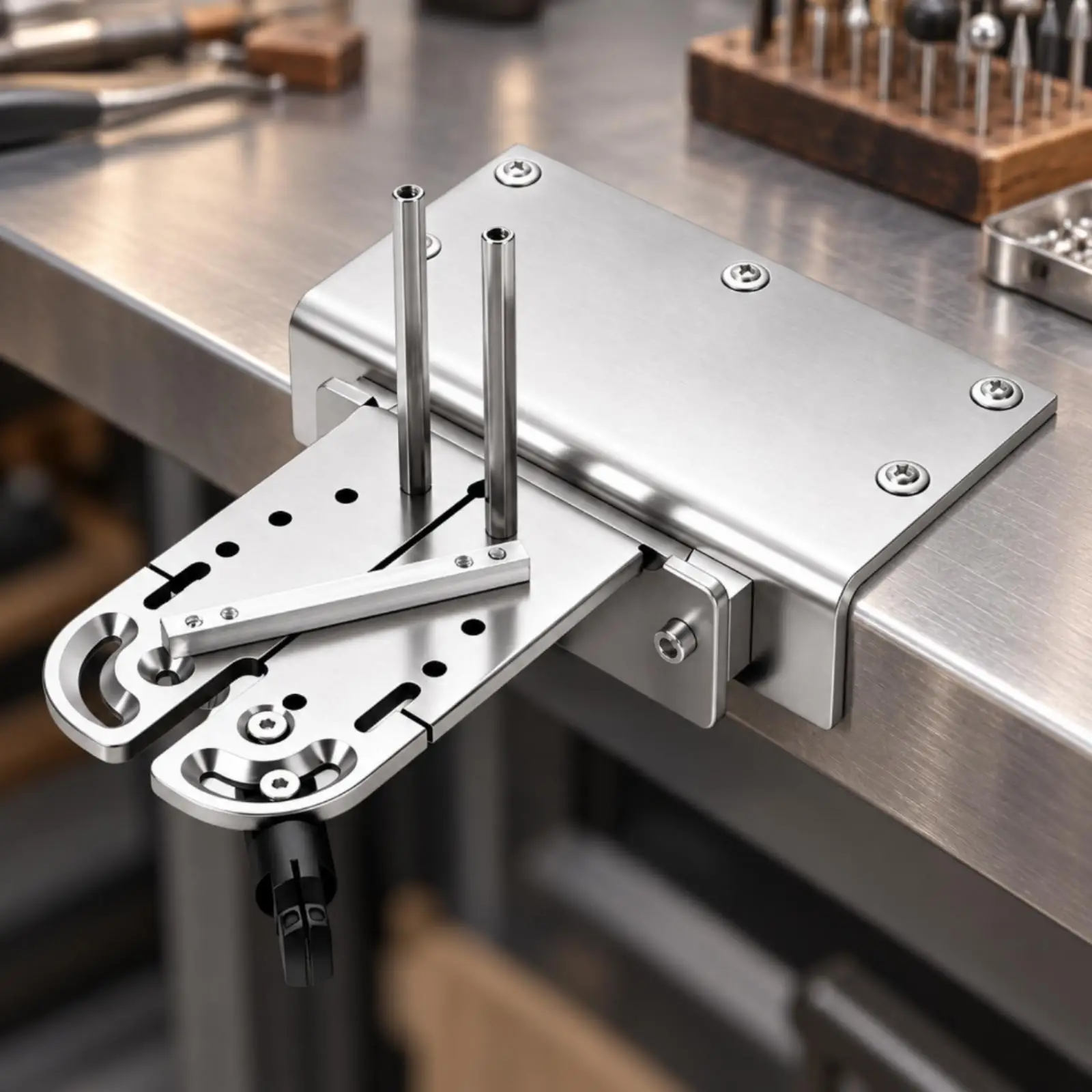 Multi Functional Workbench Vise for Small Workpiece Holding with Slotted Openings and Vertical Guide Posts