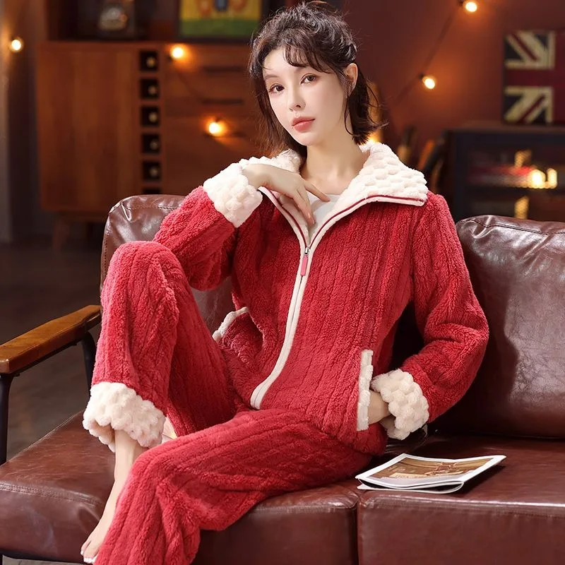 

Autumn Winter Couples Fleece Thickened Large Size Zipper Warm, Comfortable and Casual Can Be Worn Outside Loungewear Pajamas Set