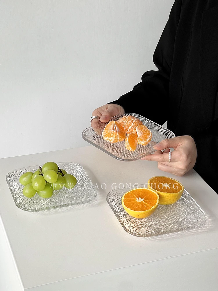 

Ice Coagulation Glass Plate Transparent Square Plate Living Room Creative Dim Sum Plate Fruit Dessert Plate