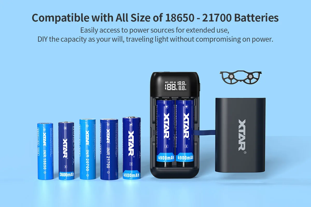 XTAR PB2SL 18650 Battery Charger QC3.0 Smart Charge Type C USB DIY Power Bank 18700 20700 21700 Rechargeable Portable Charger