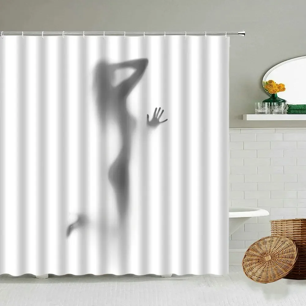 Sexy Woman Shadow Shower Curtain White Background Girl Creative Design Bathroom Blackout Waterproof Polyester Cloth Curtains Set