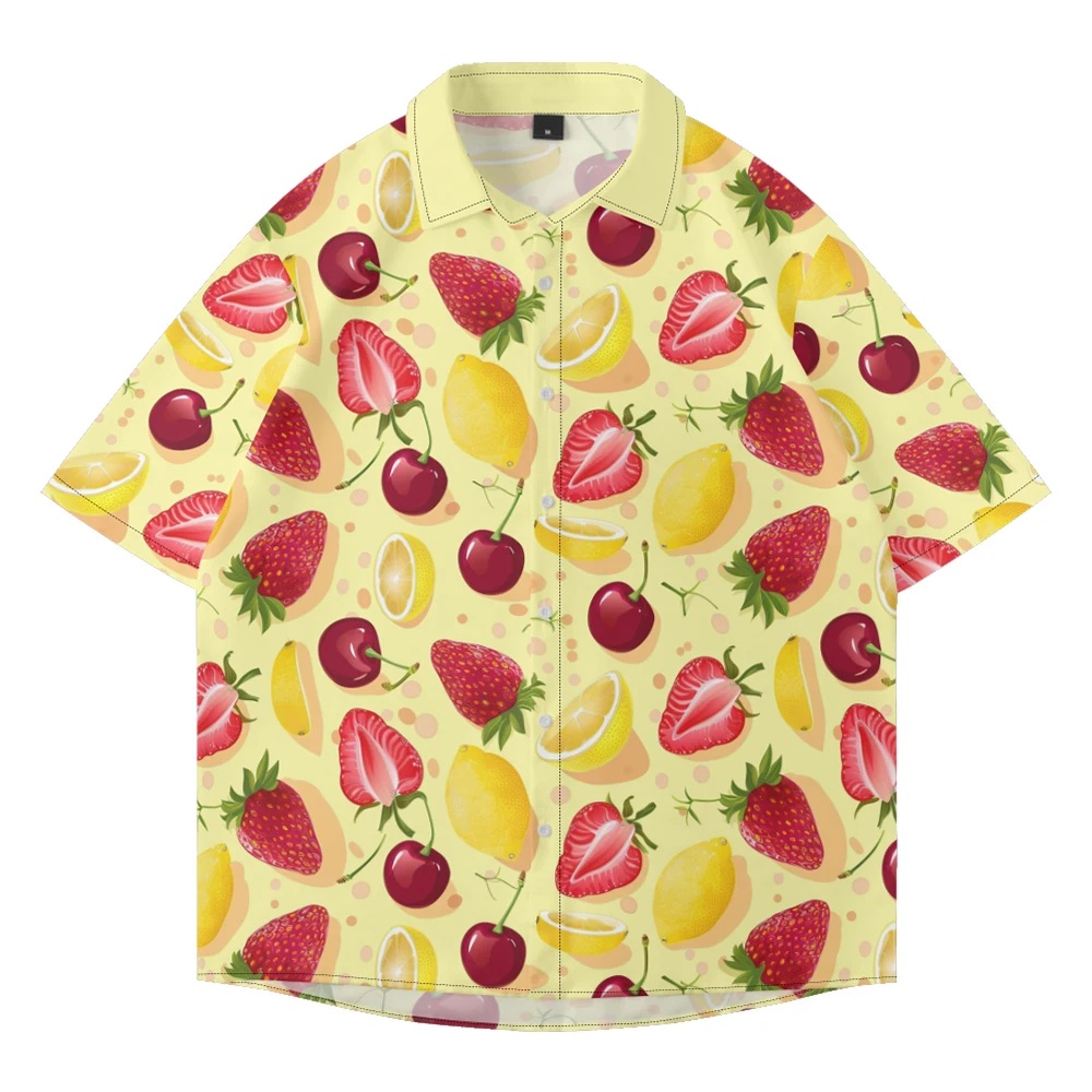 Summer casual oversized short sleeved shirt with fruit pattern loose and fashionable beach fashion vacation single breasted