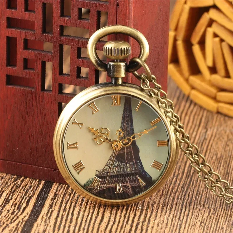 Bronze Eiffel Tower Dial Men Women Quartz Pocket Watch Roman Numeral Watches Necklace Pendant Chain Clock Open Face Timepiece