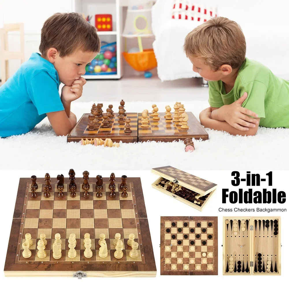 

3-in-1 Chess Board Folding Wooden Storage Checkers Backgammon Set Portable Chessboard Party Travel Game