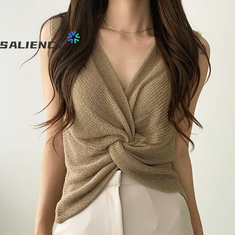 

Korea Chic Summer French Vintage Cross Knot Front V-neck Sleeveless Vest Knit Shirt Solid Casual Tops Women Outwear