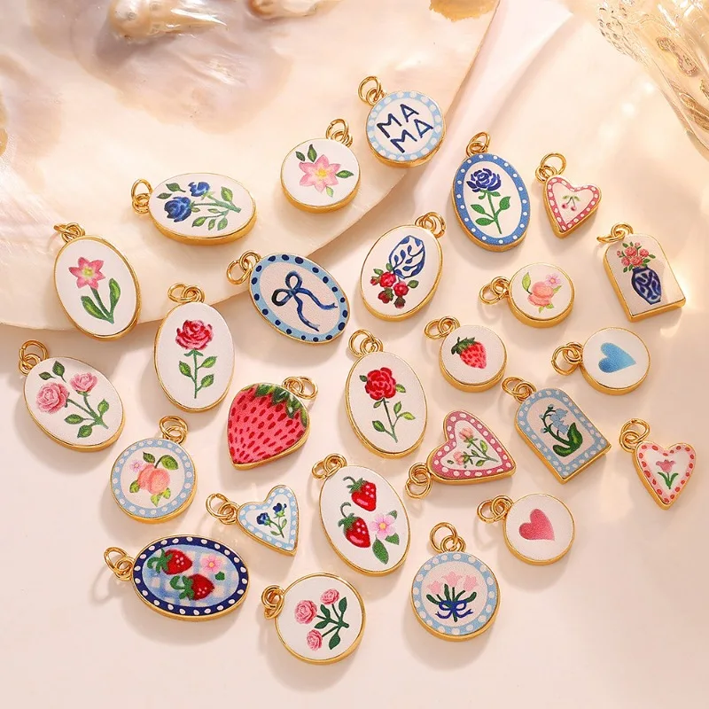 Stainless Steel-plated 18K Gold Color-lasting Enamel Round Pendant Ribbon Floral Heart Design DIY Necklace Accessory Charms
