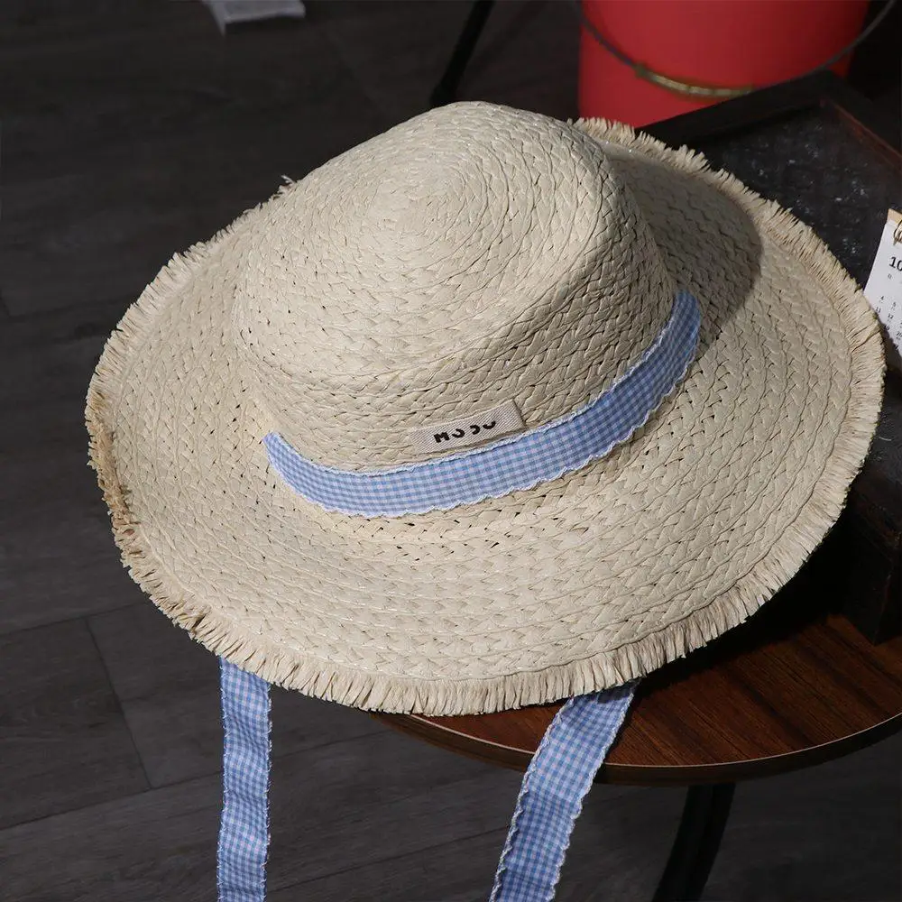 Lace-up Straw Weave Sun Hat Letter Wide Brime Summer Sunscreen Bucket Hat Sun Protection Outdoor Travel Cap