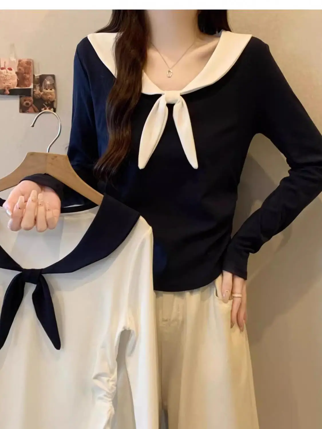 

Slimming Effectiven Long Sve Navy Collar Base irt Women's Faionable T-irt Inner Wear Versatile Ocn Comfortab...