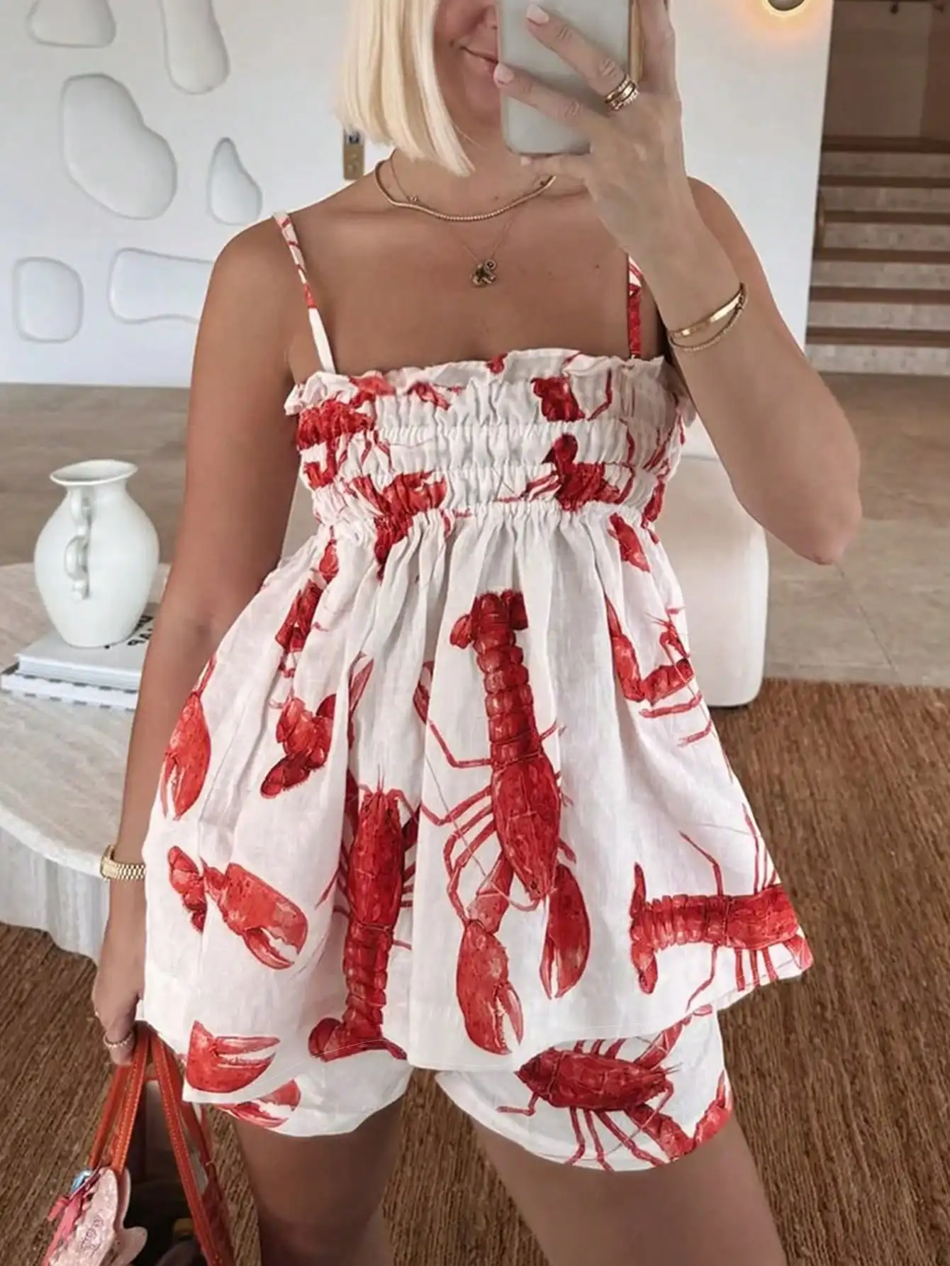 Women Lobster Print 2 Piece Matching Set Spaghetti Strap Smocked Cami Top Loose Shorts 100% Polyester Woven Summer Beach Outfit