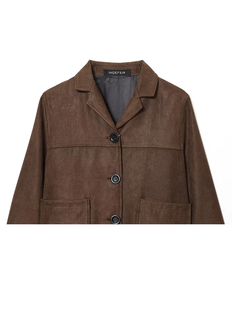 HH Donna Moda monopetto Decorazione tascabile Cappotto corto Giacca invernale in pelle scamosciata stile street con risvolto femminile a maniche lunghe