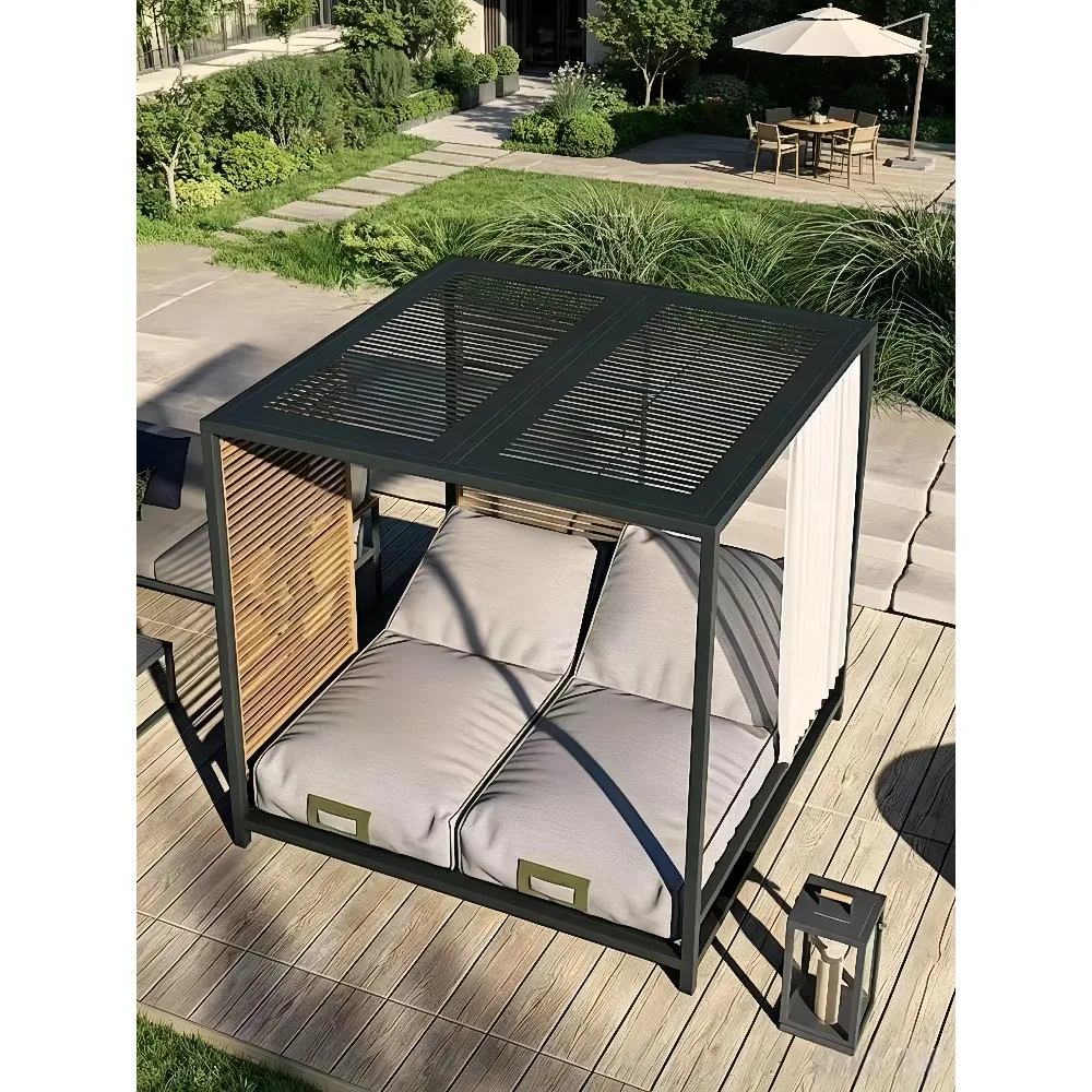 Outdoor Lounge Bed Patio Pool Terrace Hotel Homestay Lounger Aluminum Rainproof Sunproof Terrace Solid Wood Furniture For Yard
