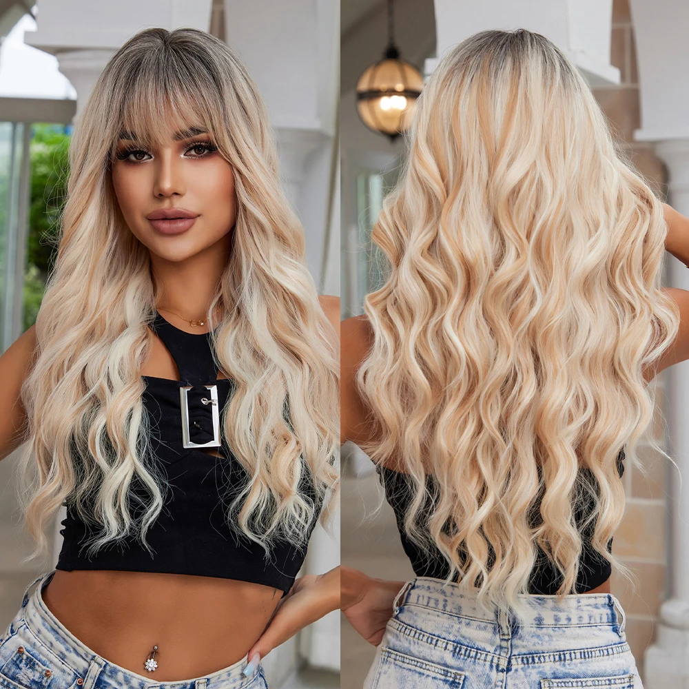 

Synthetic Ombre Light Blonde Wig with Bangs Long Water Wavy Wigs for Black Women Afro Cosplay Party Hair Wig Heat Resistant