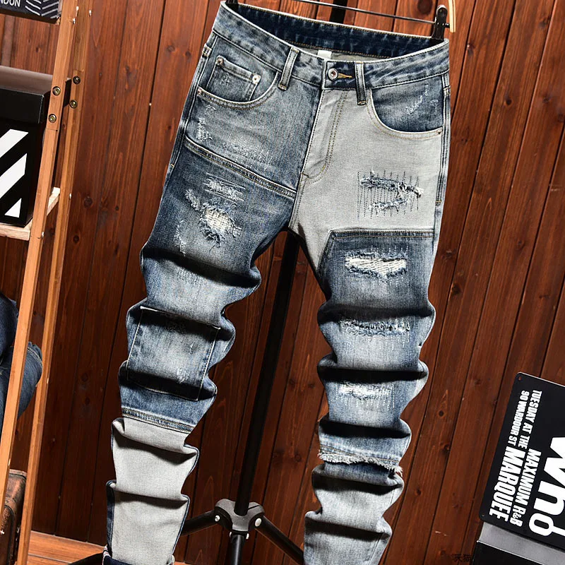 New trendy brand high end jeans MEN'S slim fit straight leg fashionable trendy casual hole patch spliced biker denim pants