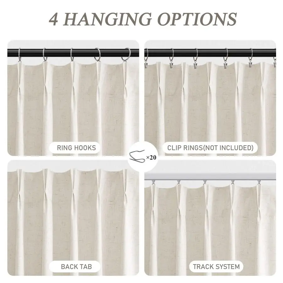 Pleated Linen Blackout Curtains 96 Inches Long for Living Room 2 Panel Set Cream Natural 100 Black Out Pinch Pleat Hooks Rings B view 4