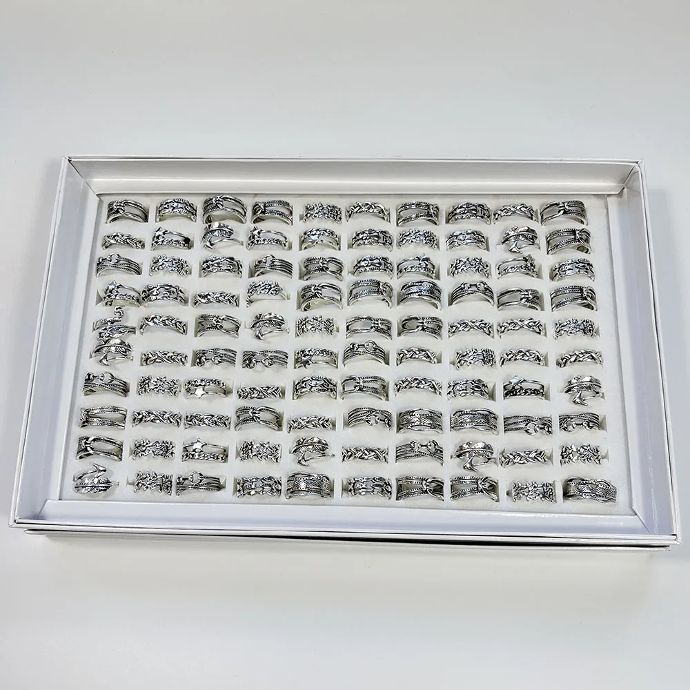 50Pcs/Lot Rattan Antique Silver Style Vintage Silver Ring For Women Ladies Jewelry Bulks LR4228