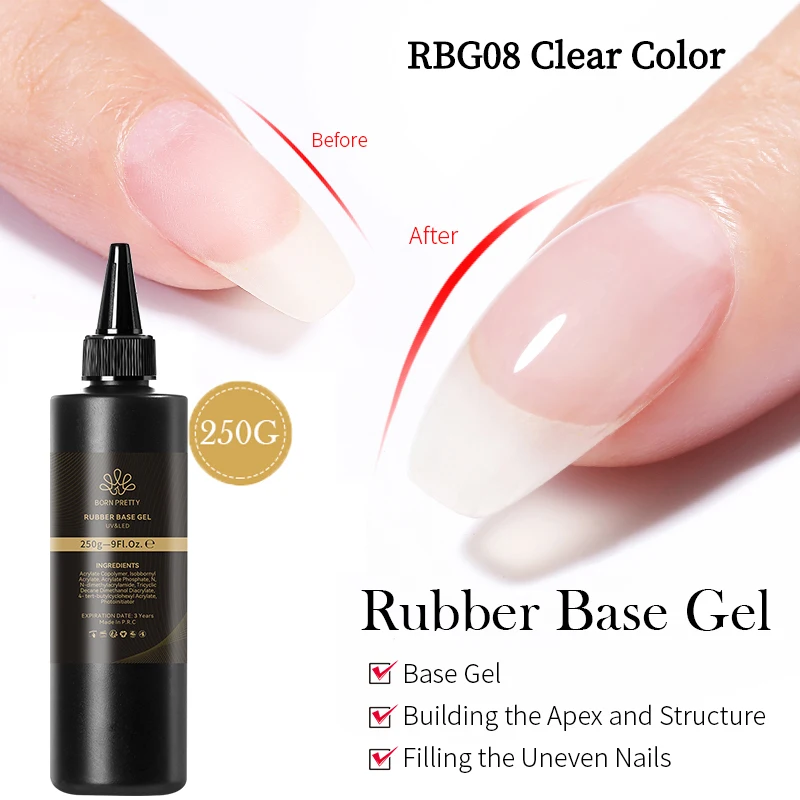 BORN PRETTY 250g Gel de Base en caoutchouc paquet rechargé gelée blanc laiteux nu Semi-Permanent tremper Gel de Construction auto-nivelant